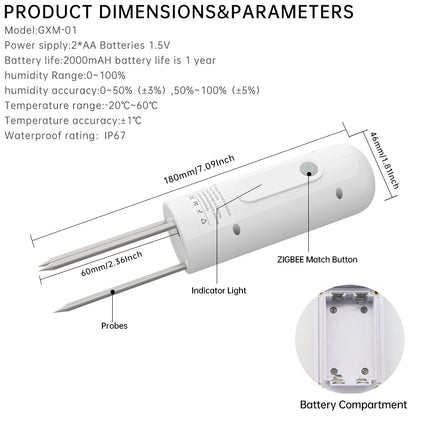 （Zigbee Plant Monitor Outdoor Soil Temperature Meter Moisture Humidity Tester Sensor Garden Automation Irrigation TUYA Detector